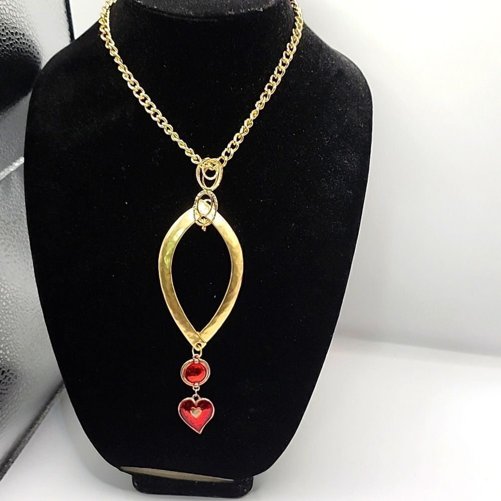 Handmade Gold link chain choker with drop dangle oval pendant w heart